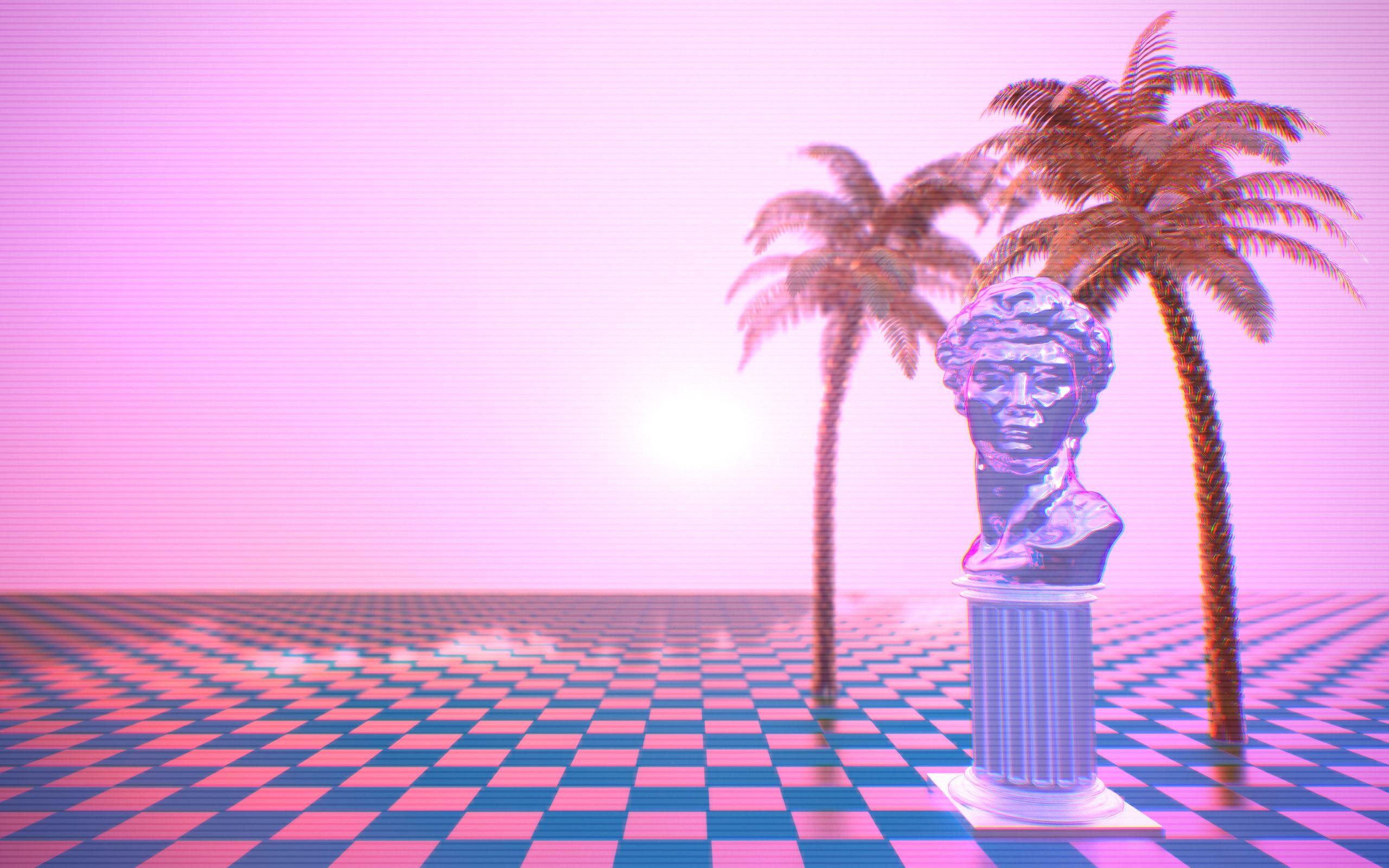 Busto de uma figura clássica em um espaço rosa e retrô